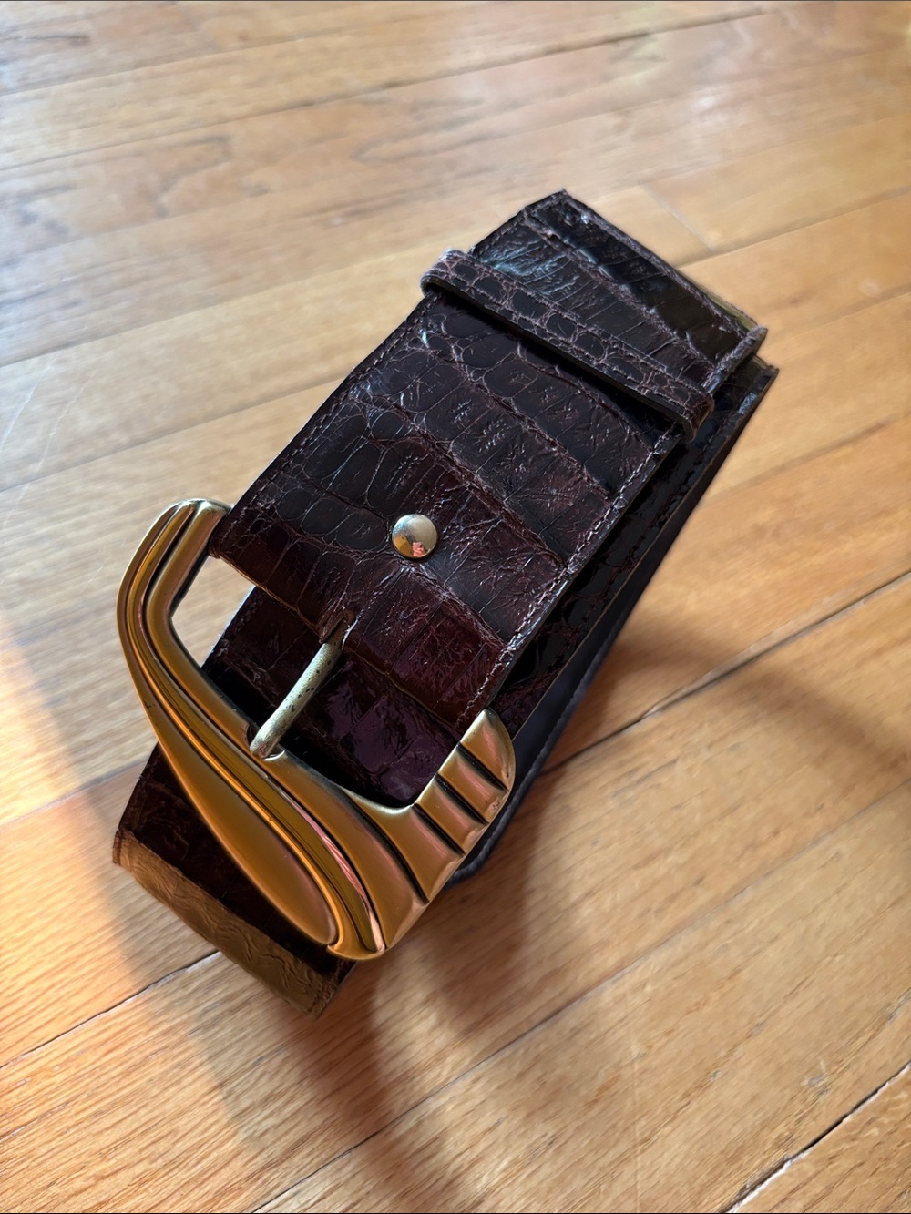 vintage caiman crocodile brown leather belt with gold buckle
